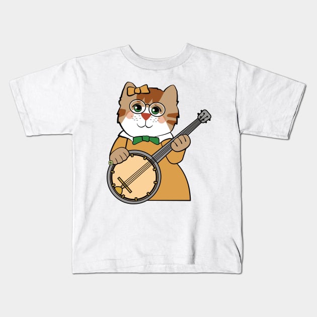 Cat Girl Playing Banjo Music Kids T-Shirt by Sue Cervenka